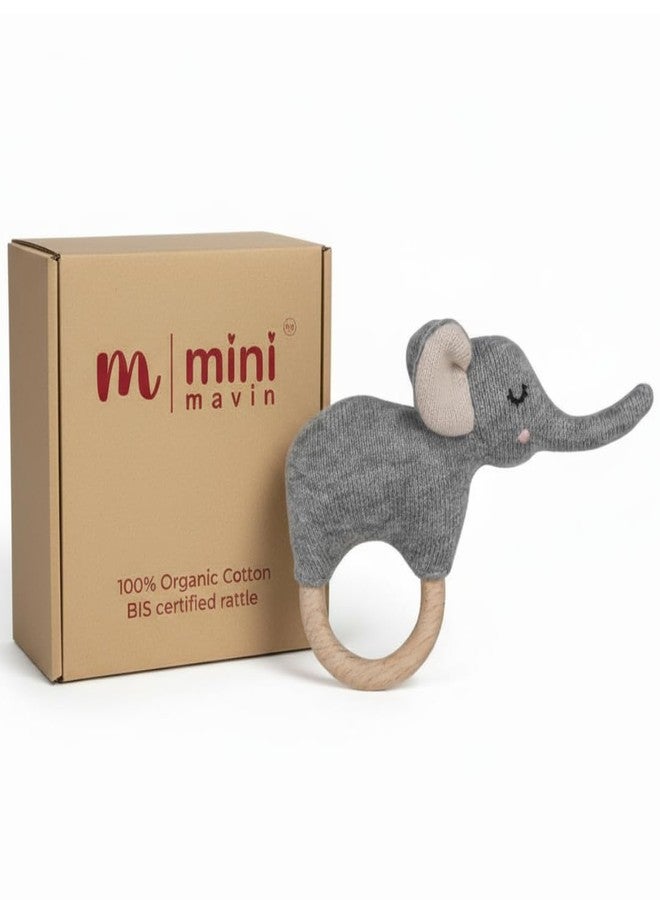 MINI MAVIN Minimavin Cerfified Organic cotton Baby Rattle Toys for Newborns 0-6 Months | Soft Infant Toys for Baby Boy & Girl | Developmental Rattle Set, Musical & Hand Tapping Toy | Gifts for New Born Baby 0-12 Months, New born Essentials. (ELEPHANT) - Image 1